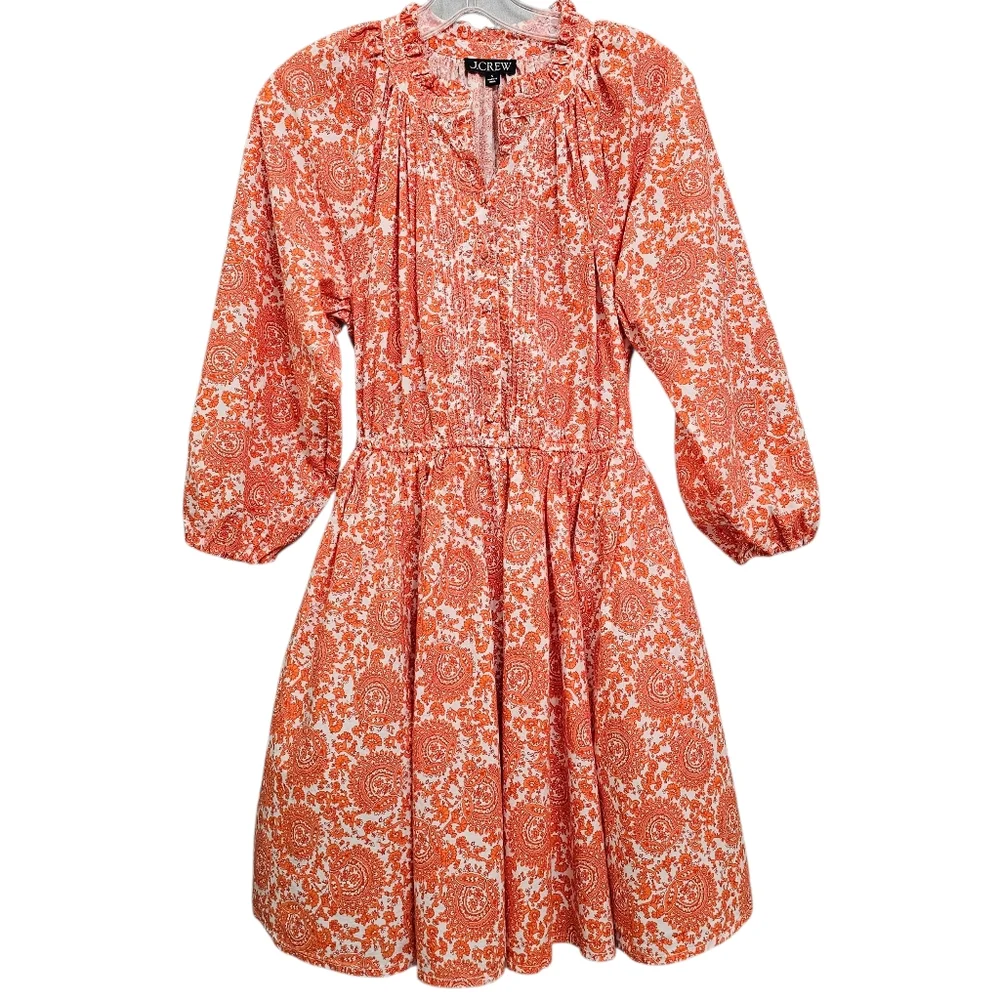 Nwot J.Crew Orange White Floral LS Ruffled Neck Fit/Flare Button Front  Dress